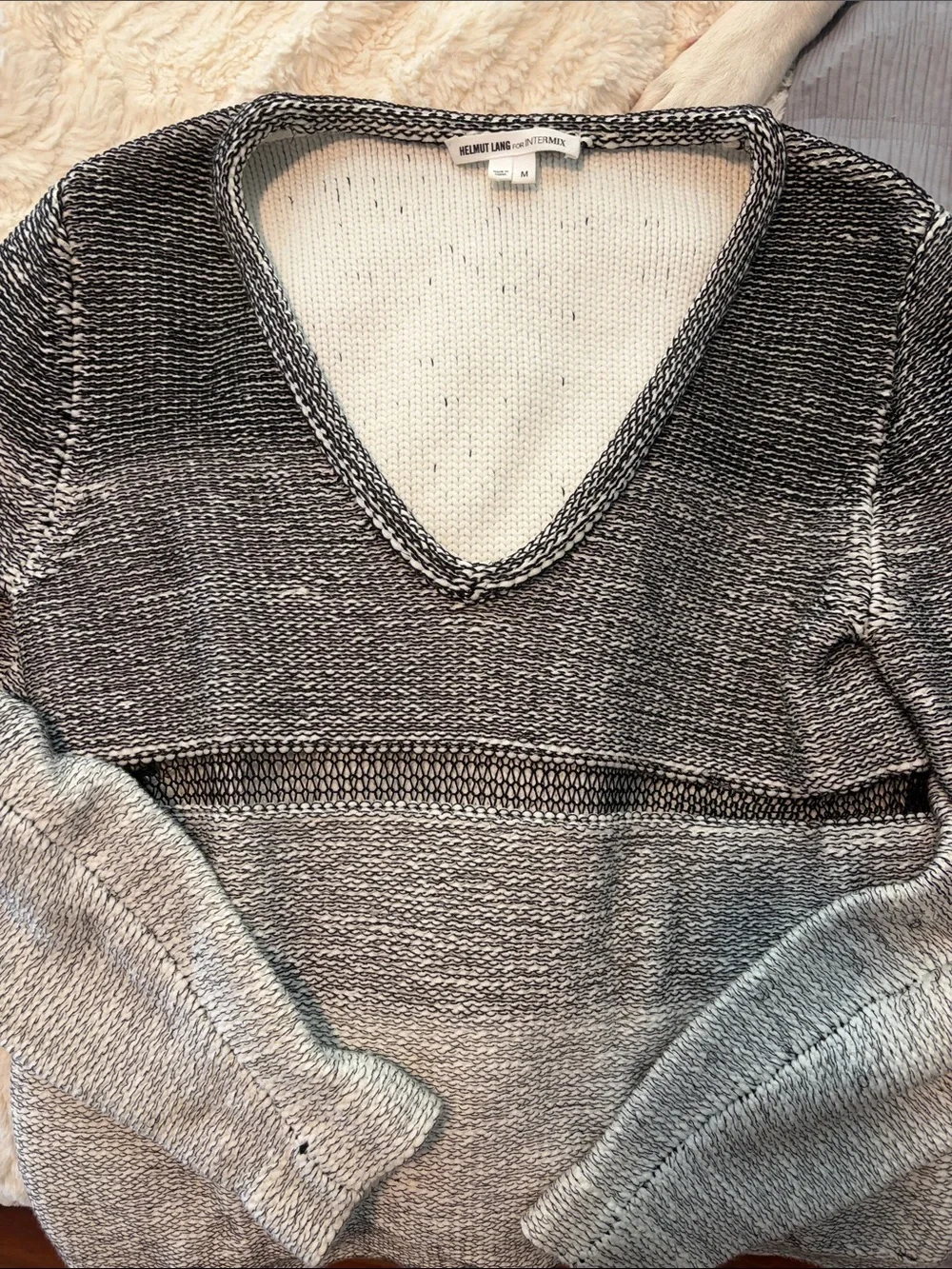 Helmut Lang Marled V-Neck Sweater in Black and White